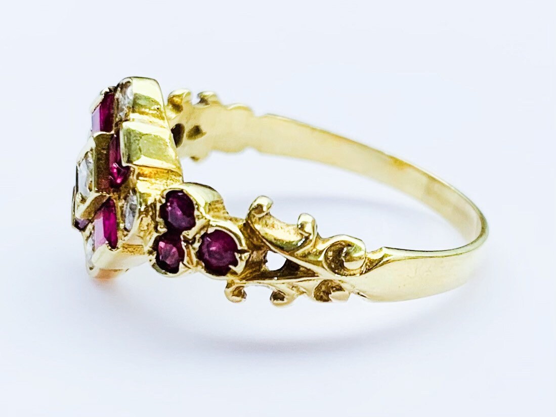 Anillo victoriano antiguo de oro amarillo de 18 quilates con rubí y diamantes de 0,82 quilates, talla US 9, Reino Unido R 1/2