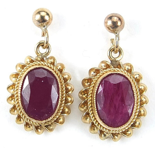 Vintage 2ct Ruby 9ct Gold Stud Drop Earrings