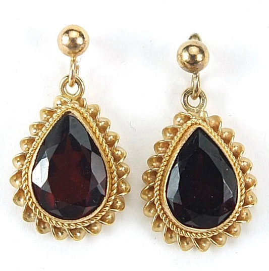 Vintage 2.60ct Pear Shaped Garnet 9ct Gold Drop Stud Earrings