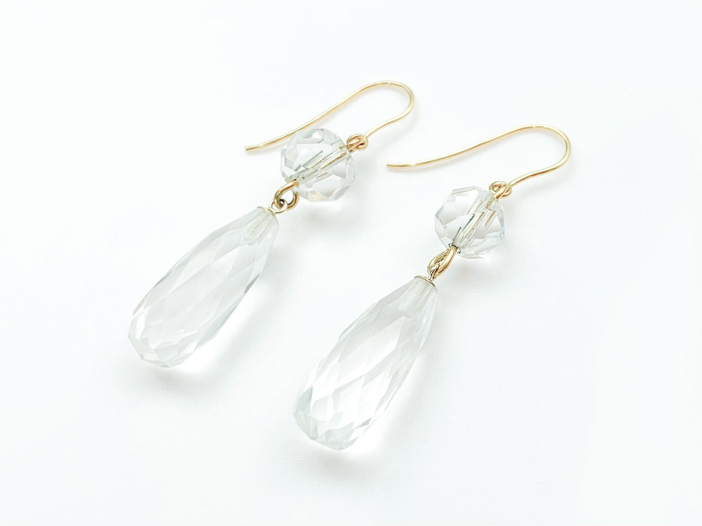 Antique Edwardian 9ct Yellow Gold Briolette Cut Natural Clear Rock Crystal Drop Dangle Wire Earrings