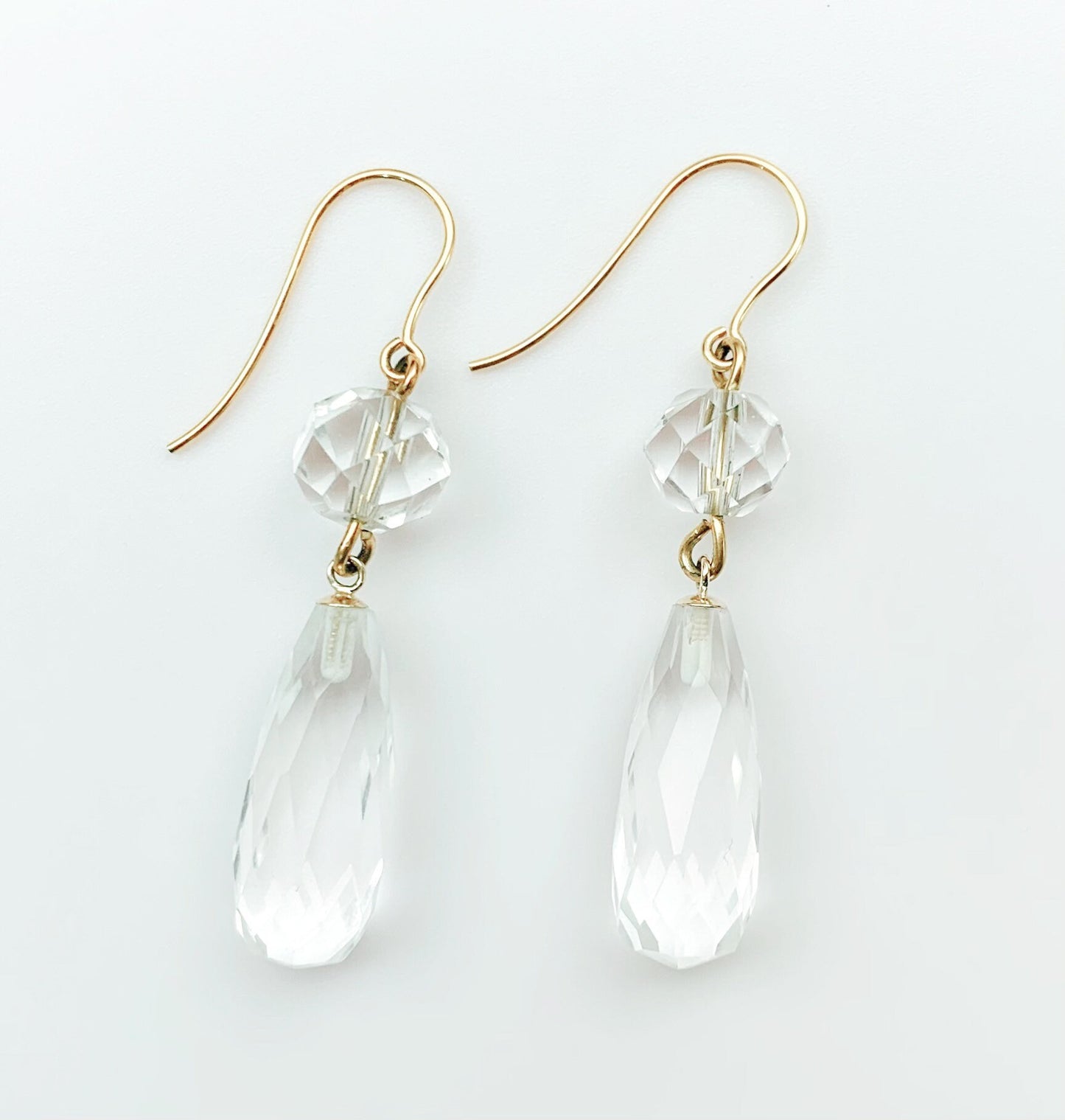 Antique Edwardian 9ct Yellow Gold Briolette Cut Natural Clear Rock Crystal Drop Dangle Wire Earrings