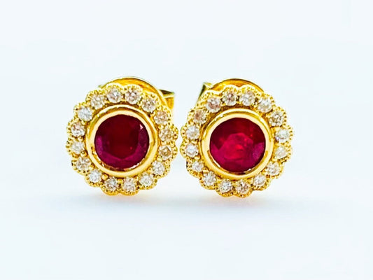 Vintage 0.48ct Ruby and Diamond Stud Earrings set in 18ct Yellow Gold