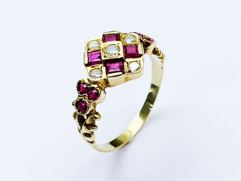 Anillo victoriano antiguo de oro amarillo de 18 quilates con rubí y diamantes de 0,82 quilates, talla US 9, Reino Unido R 1/2