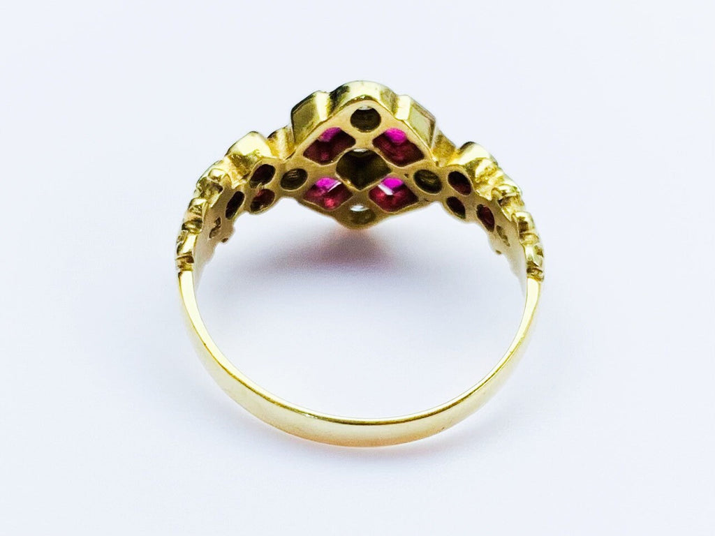 Anillo victoriano antiguo de oro amarillo de 18 quilates con rubí y diamantes de 0,82 quilates, talla US 9, Reino Unido R 1/2