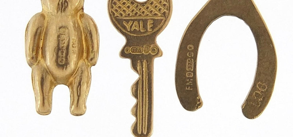 Vintage 9ct Yellow Gold Charms of a Wishbone, Teddy Bear and Key