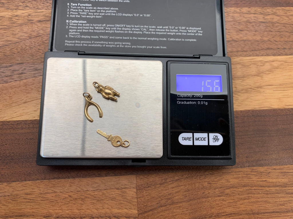 Vintage 9ct Yellow Gold Charms of a Wishbone, Teddy Bear and Key