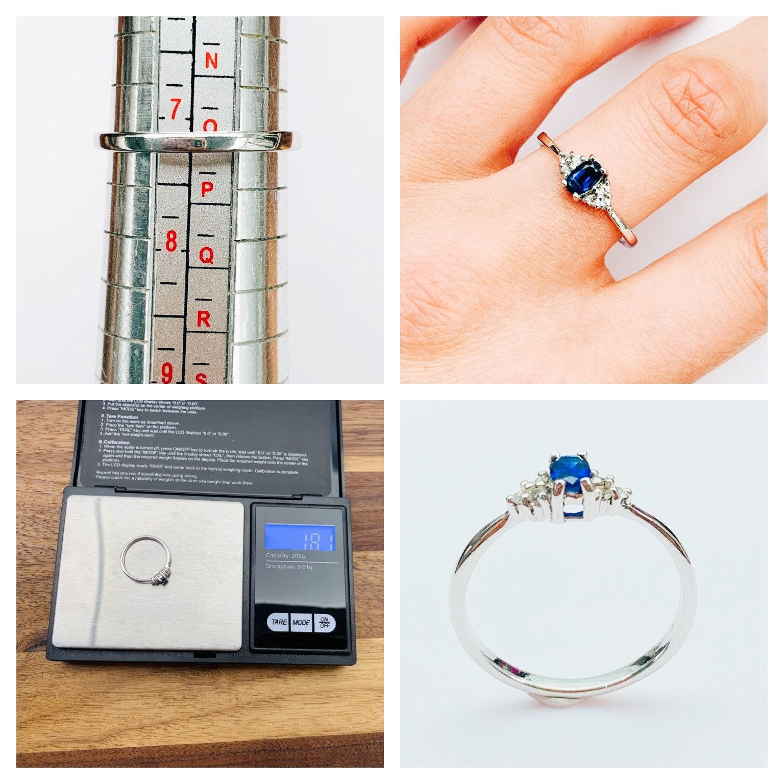 Anillo de oro blanco de 9 quilates/Anillo de cianita tibetana/Anillo de topacio blanco/ Anillo de compromiso/Anillo de boda/ Color azul zafiro /Tamaño del Reino Unido O, Tamaño de EE.UU. 7 1/4