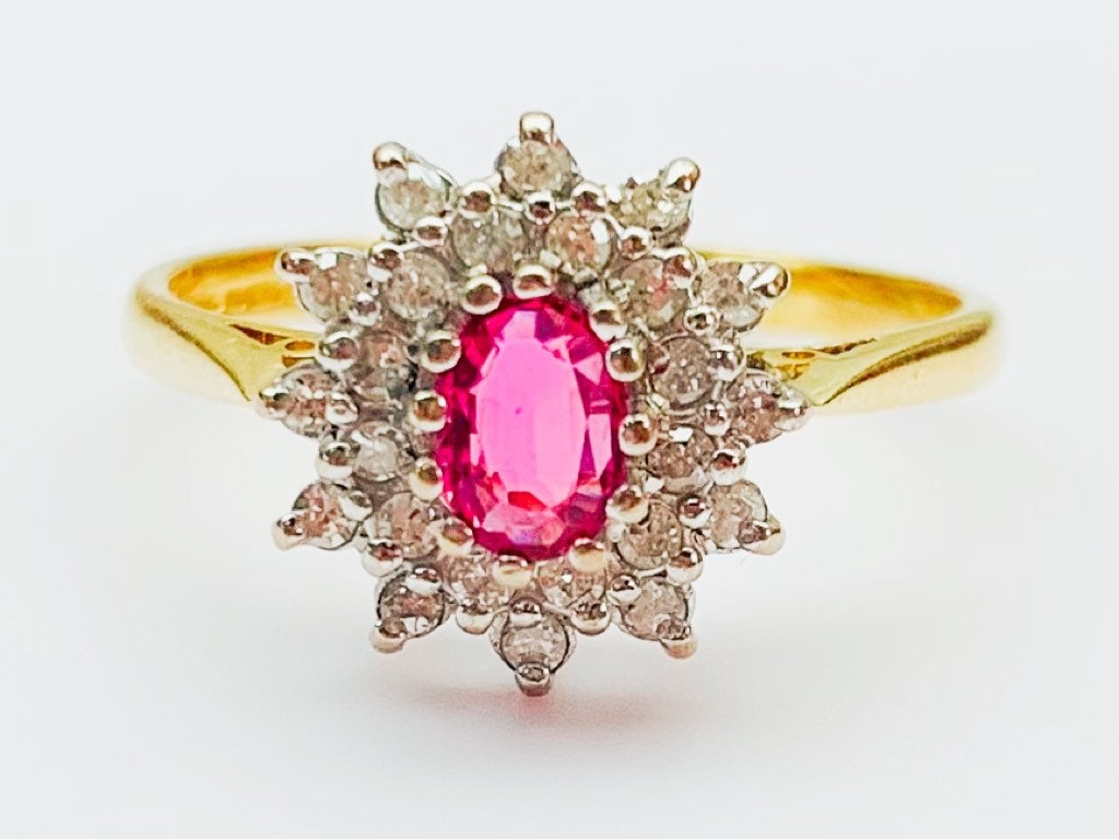 Vintage 18k oro amarillo diamante y anillo de racimo de zafiro rosa, tamaño Reino Unido P, EE.UU. 7 3/4