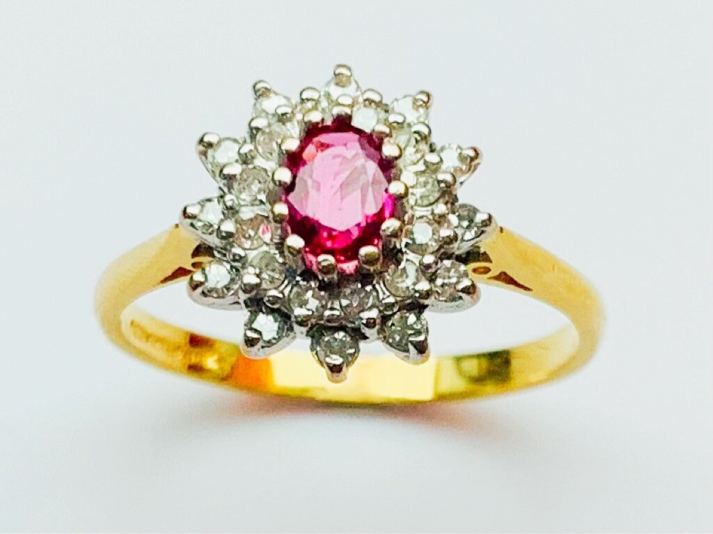 Vintage 18k oro amarillo diamante y anillo de racimo de zafiro rosa, tamaño Reino Unido P, EE.UU. 7 3/4