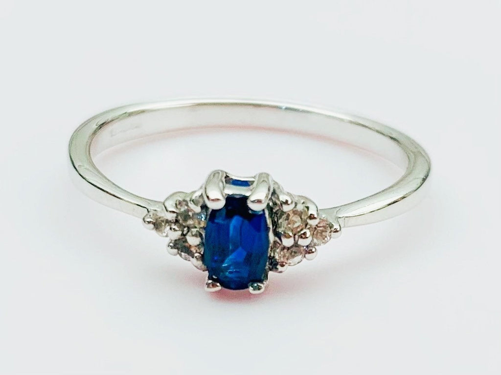Anillo de oro blanco de 9 quilates/Anillo de cianita tibetana/Anillo de topacio blanco/ Anillo de compromiso/Anillo de boda/ Color azul zafiro /Tamaño del Reino Unido O, Tamaño de EE.UU. 7 1/4