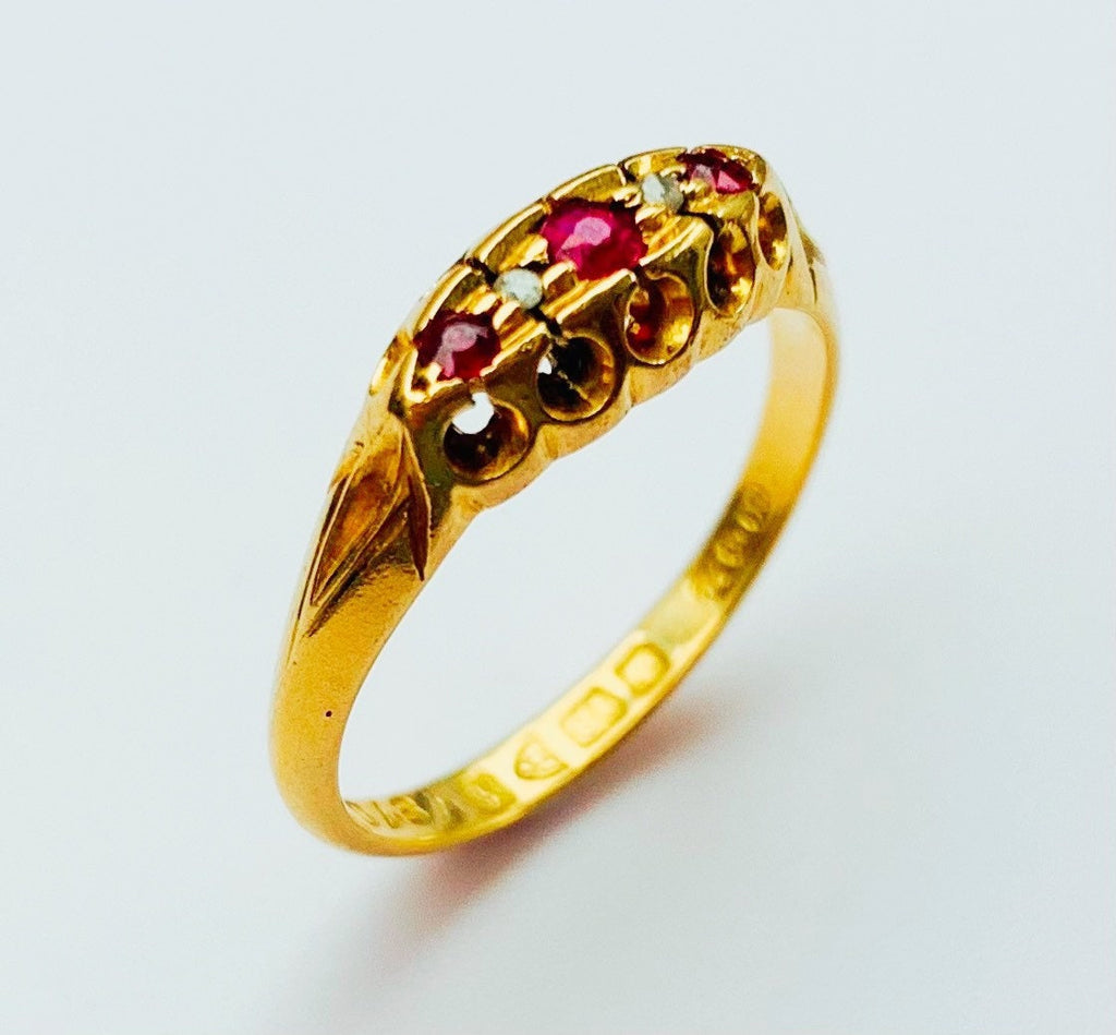 Edwardian 18Ct Yellow Gold Ruby and Rose Cut Diamonds Ring, Size UK N/US 6 3/4