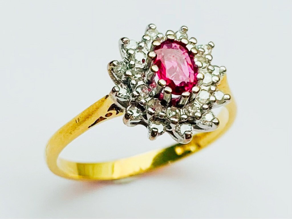 Vintage 18k oro amarillo diamante y anillo de racimo de zafiro rosa, tamaño Reino Unido P, EE.UU. 7 3/4