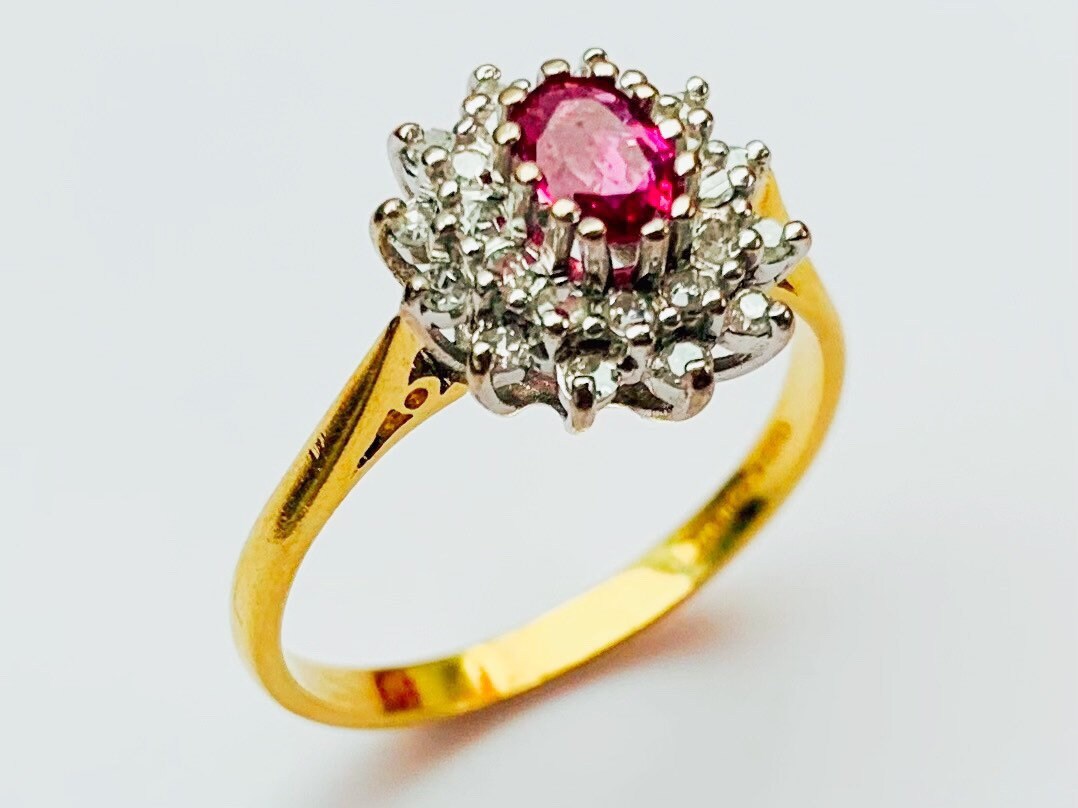 Vintage 18k oro amarillo diamante y anillo de racimo de zafiro rosa, tamaño Reino Unido P, EE.UU. 7 3/4