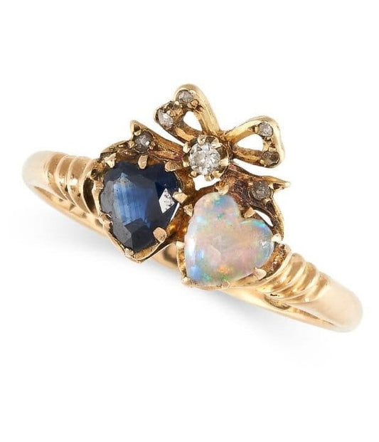 Antique Victorian Sapphire & Opal Sweetheart Ring set in 18ct Yellow Gold, Size UK R, US 8 3/4