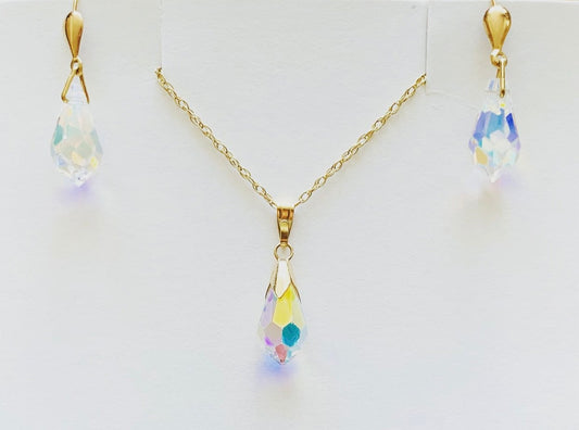 Vintage 9ct Yellow Gold Aurora Borealis Crystal Drop Earrings & Pendant on a 9ct Gold Necklace