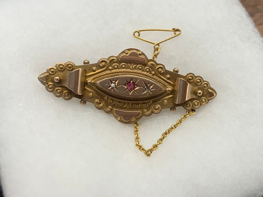 Victorian 9ct Gold Ruby and Diamond Ornamented Brooch,Anniversary Birthday Gift For Her.