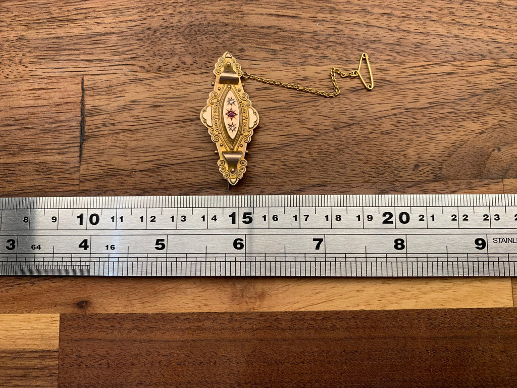 Broche victoriano de oro de 9 qt con rubí y diamantes adornados, regalo de cumpleaños de aniversario para ella.