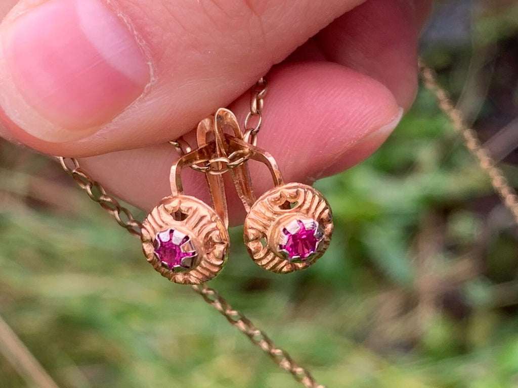 العتيقة روبي الفيكتوري 18ct أقراط الذهب الفرنسية