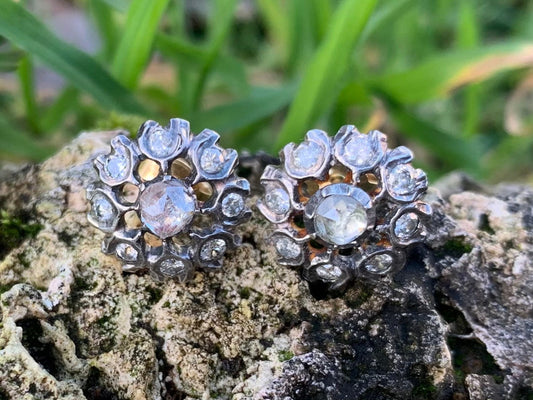 Antique Victorian 1ct Old Mine Cut Diamond set in 14k Gold Hallmarked & Silver Stud Earrings