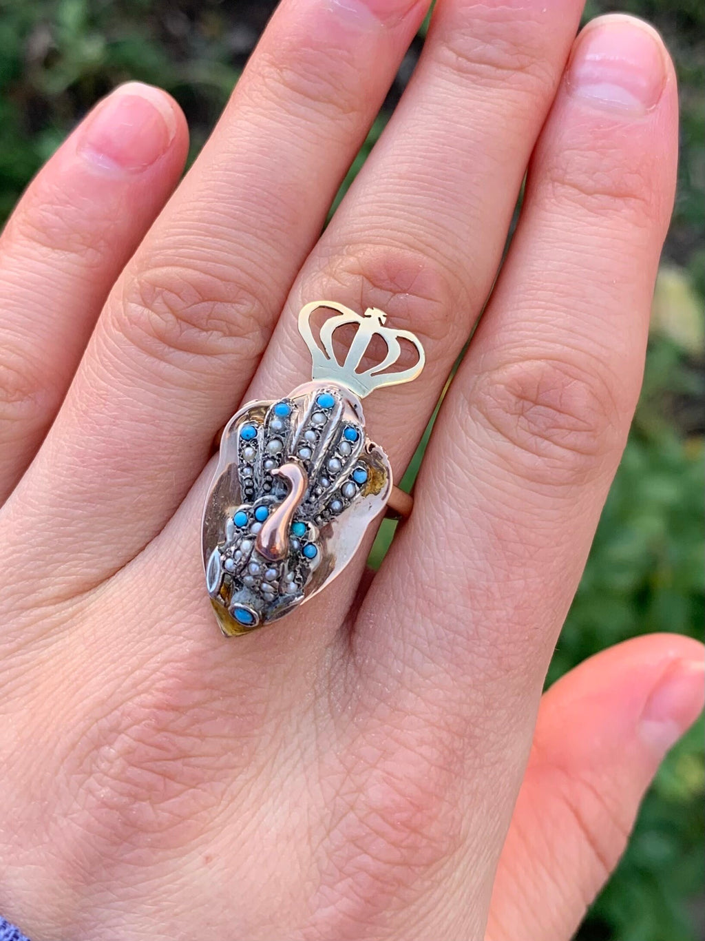 Anillo de declaración de pavo real turquesa y perla de semilla de oro antiguo de 10 qt, tamaño Reino Unido M 1/2, EE.UU. 6 1/2