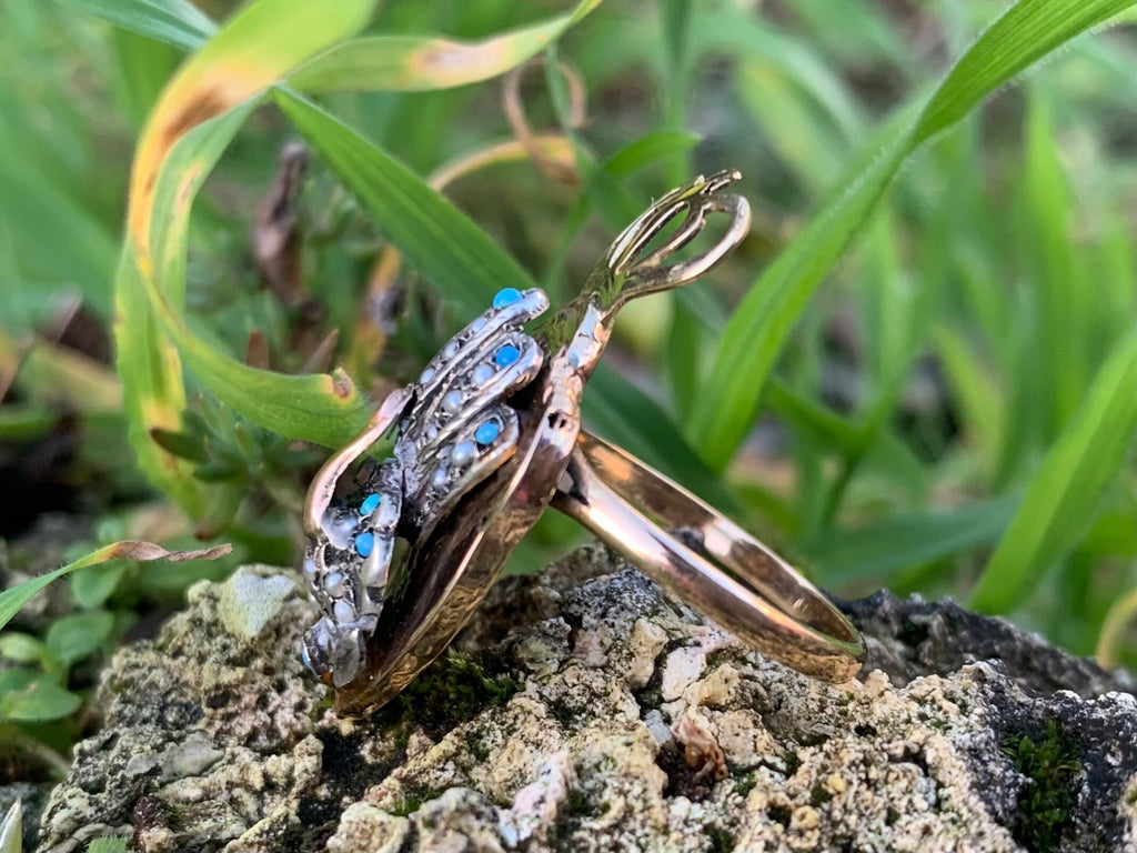 Anillo de declaración de pavo real turquesa y perla de semilla de oro antiguo de 10 qt, tamaño Reino Unido M 1/2, EE.UU. 6 1/2