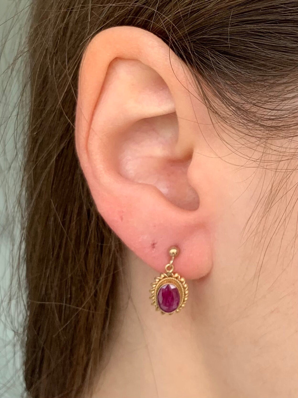 Vintage 2ct Ruby 9ct Gold Stud Drop Earrings