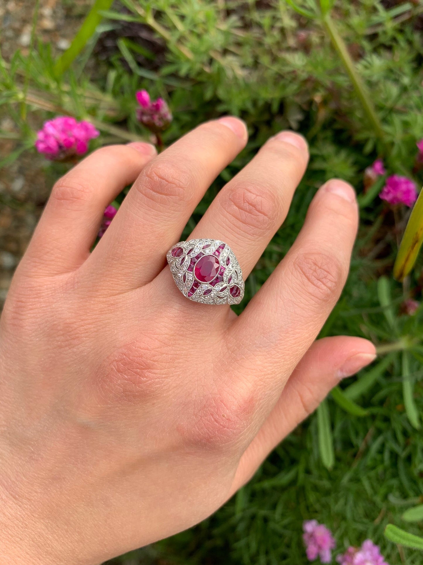 Vintage Platinum 2ct Ruby & Diamond Art Deco Ring, Cocktail Ring, Size UK N 1/2, US 7