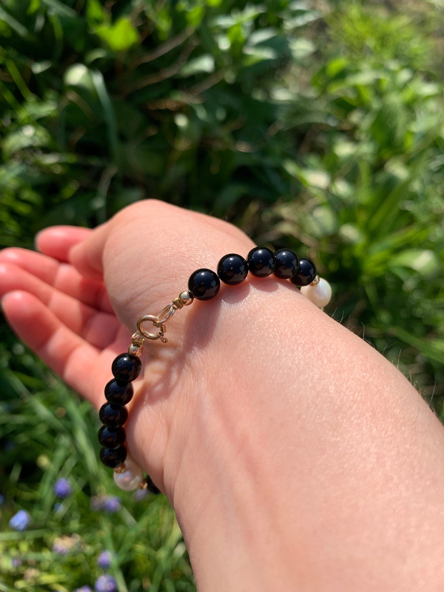 14k Gold Pearl and Onyx Beaded Bracelet, Engagement Wedding Anniversary Birthday Gift for her,DIY handmade bracelet gift