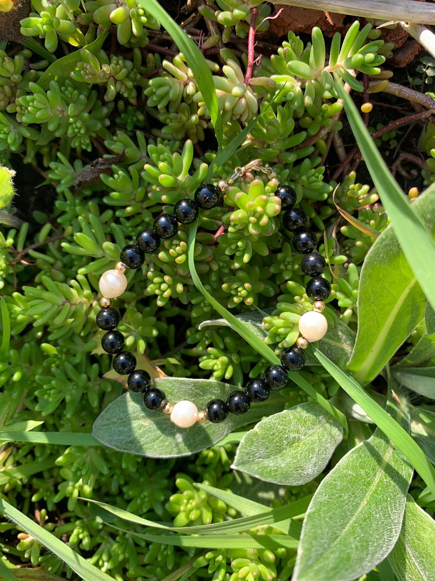 14k Gold Pearl and Onyx Beaded Bracelet, Engagement Wedding Anniversary Birthday Gift for her,DIY handmade bracelet gift