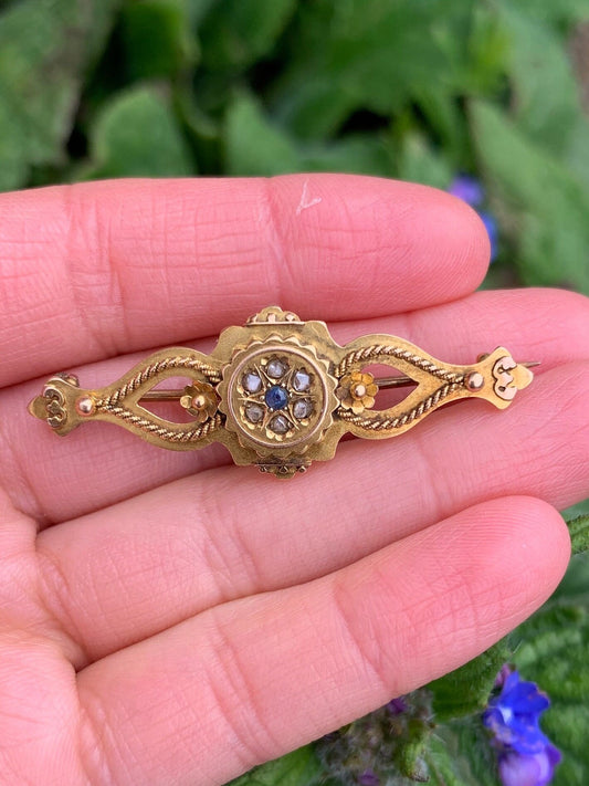 Antique Victorian 15ct Yellow Gold Ladies Ornate Brooch set with Sapphire and Diamonds,Anniversary Birthday Gift for her