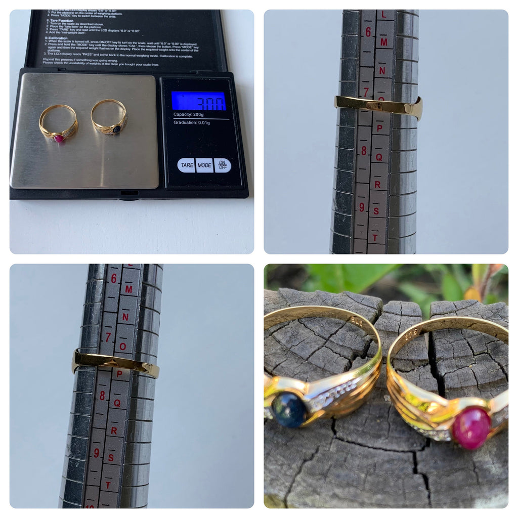 Anillos de oro de 9 quilates con cabujón ovalado de rubí, zafiro y diamantes de 0,60 quilates