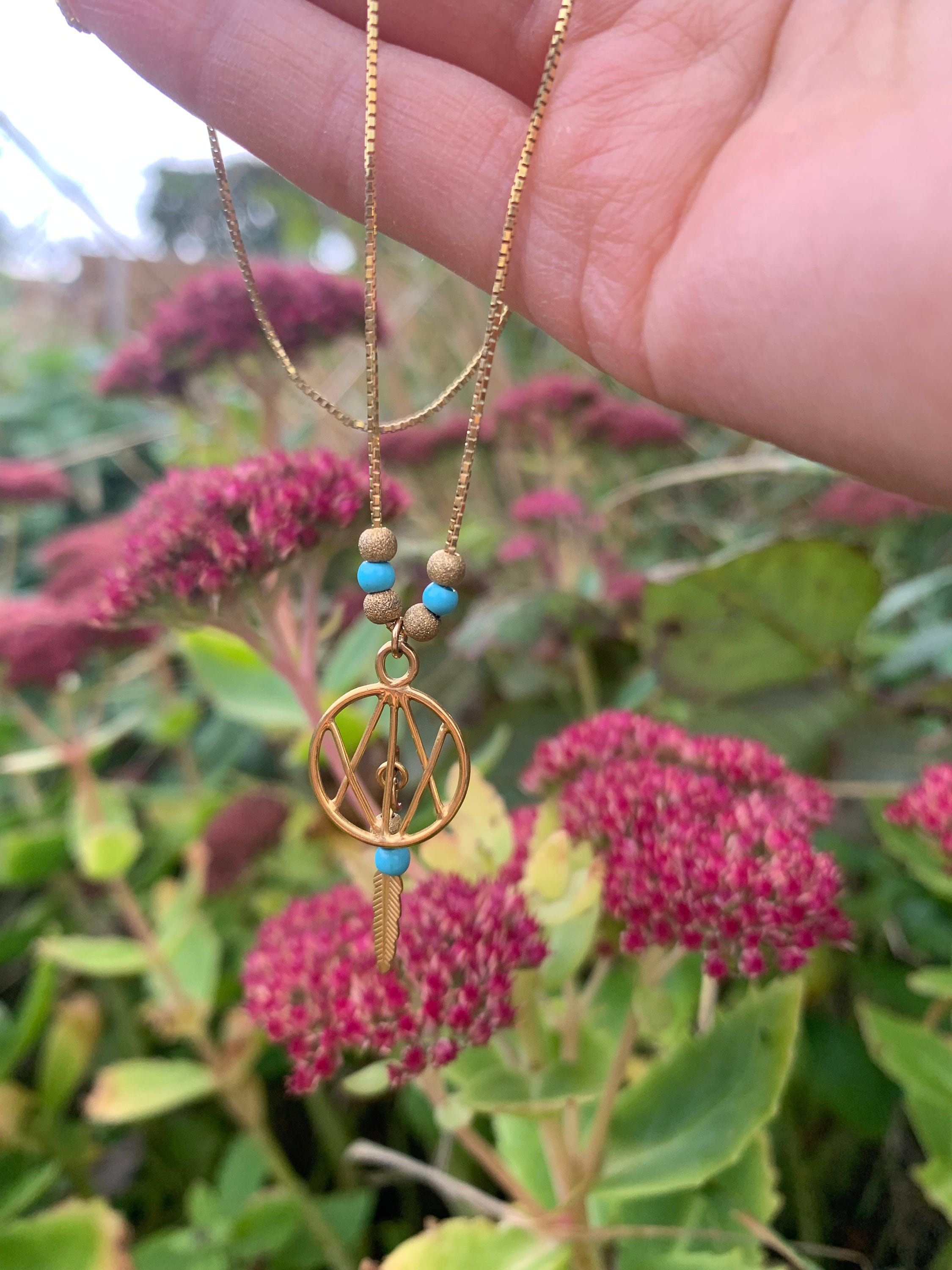 Impresionante collar de cuentas de oro de 9 quilates y turquesa de segunda mano