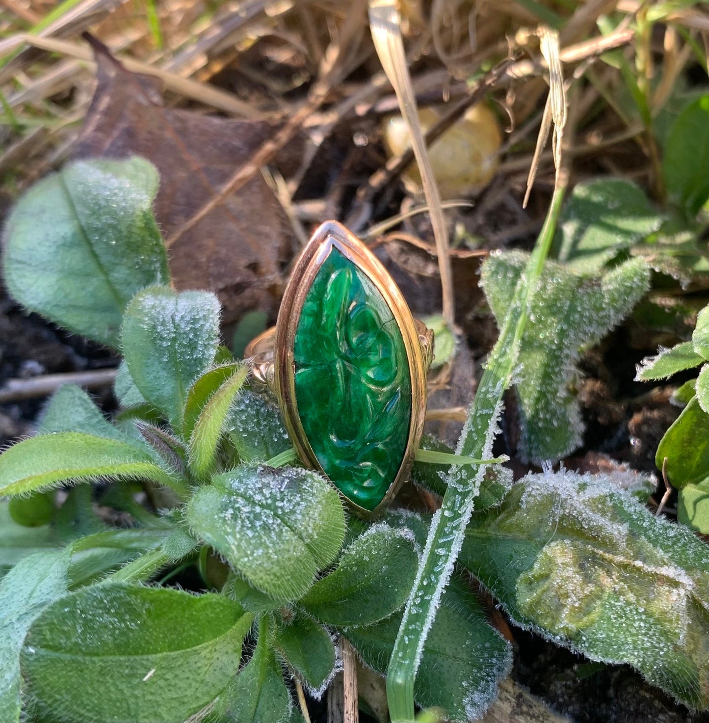 Antique 25x10MM Marquise Shaped Emerald Green Jade 14ct Yellow Gold Ring,Cocktail Ring,Size UK J,US 4 3/4