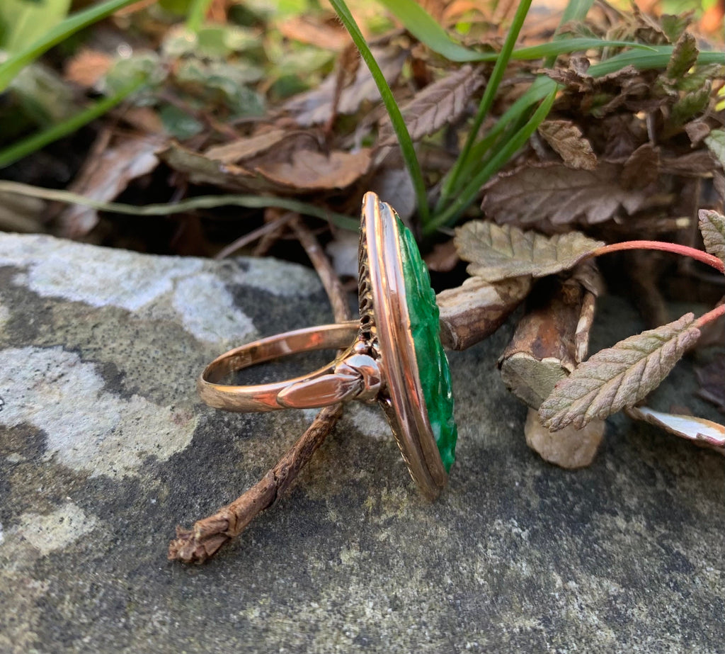 Antiguo 25x10MM Marquesa en forma de esmeralda verde jade 14ct anillo de oro amarillo, anillo de cóctel, tamaño Reino Unido J, EE.UU. 4 3/4