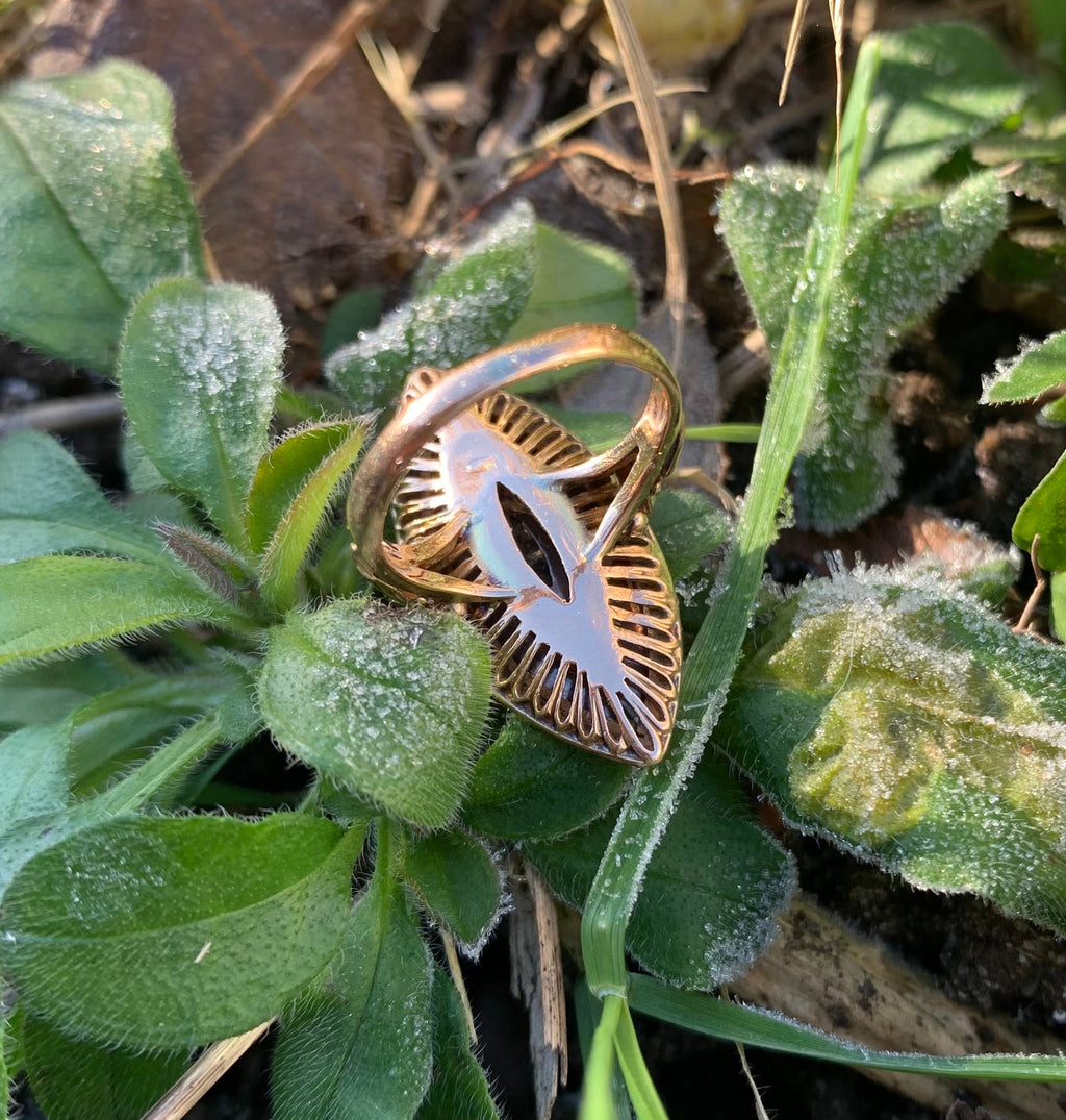 Antiguo 25x10MM Marquesa en forma de esmeralda verde jade 14ct anillo de oro amarillo, anillo de cóctel, tamaño Reino Unido J, EE.UU. 4 3/4