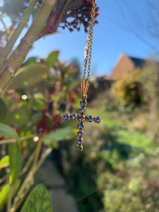 Vintage 9ct Yellow Gold Sapphire Set Cross Pendant and Necklace,September Birthstone,Anniversary Graduation Birthday Gift For Her